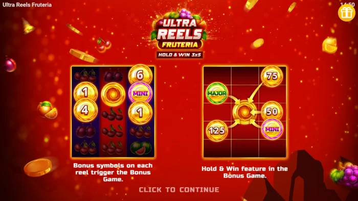Ultra Reels Fruteria - roghchlár tosaigh agus cnaipe seolta